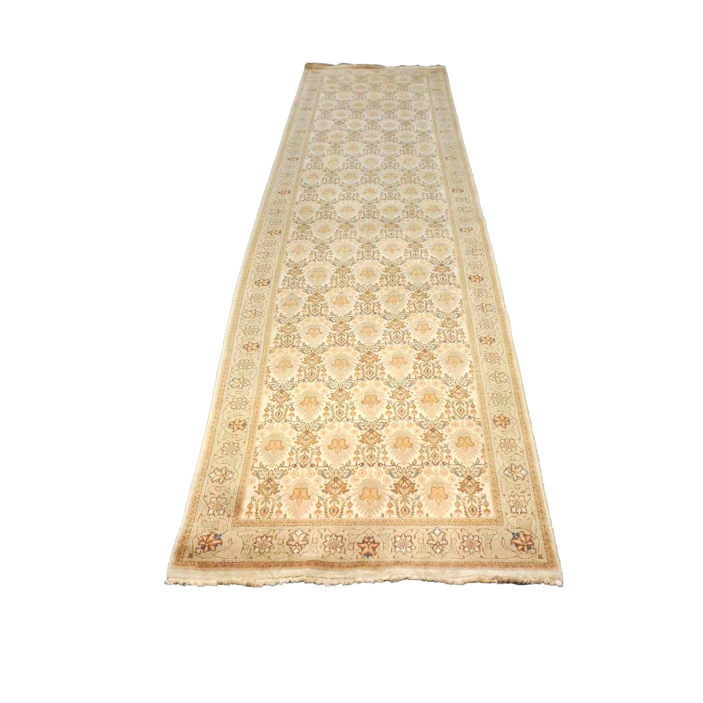 Antique Persian Tabriz Wool 3x13 Tan, Ivory & Teal Handmade Runner Rug #9902369