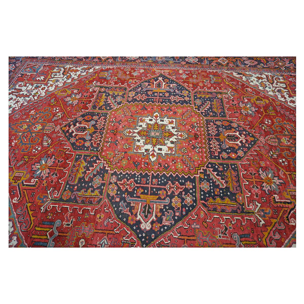 Antique Persian Heriz Wool 9x13 Red, Navy & Ivory Handmade Area Rug #9902430