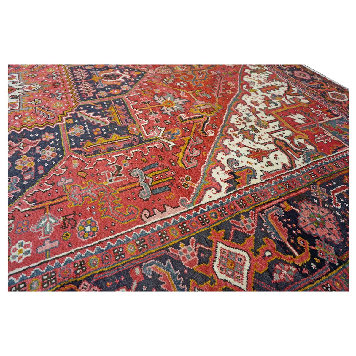Antique Persian Heriz Wool 9x13 Red, Navy & Ivory Handmade Area Rug #9902430