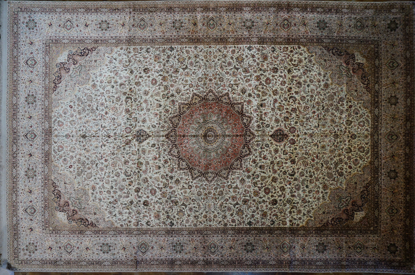 Vintage Persian Silk Tabriz 13x20 Pink, Black, Ivory & Tan Handmade Oversized Area Rug  #9902452