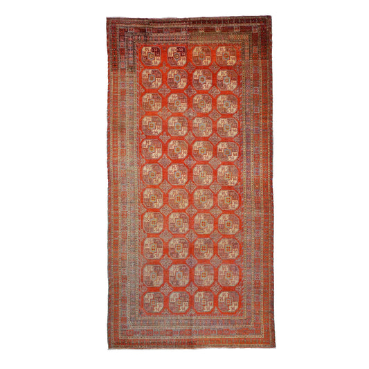 Antique East Turkestani Khotan Wool 9x18 Red, Ivory & Light Blue Handmade Gallery Rug #9902480