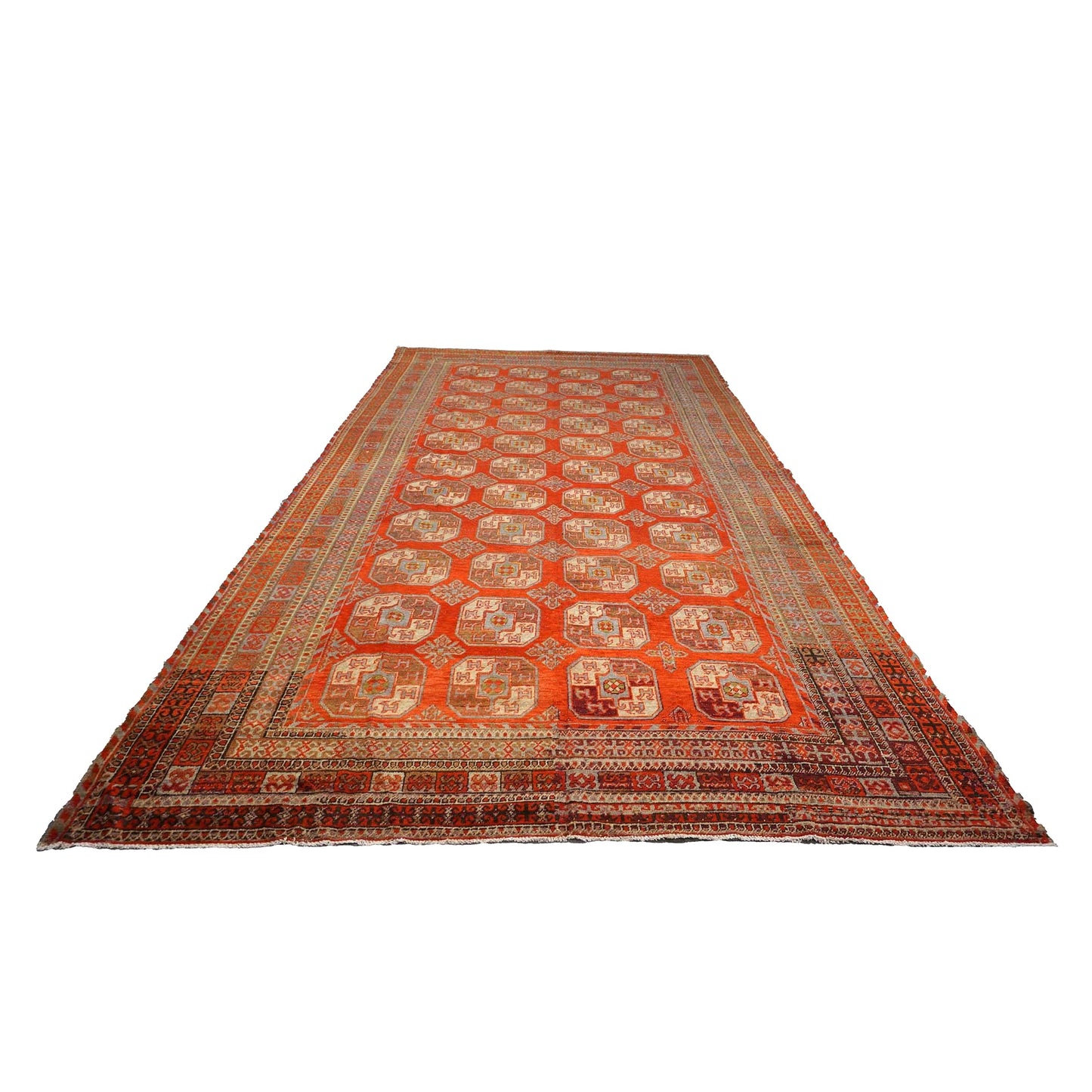 Antique East Turkestani Khotan Wool 9x18 Red, Ivory & Light Blue Handmade Gallery Rug #9902480