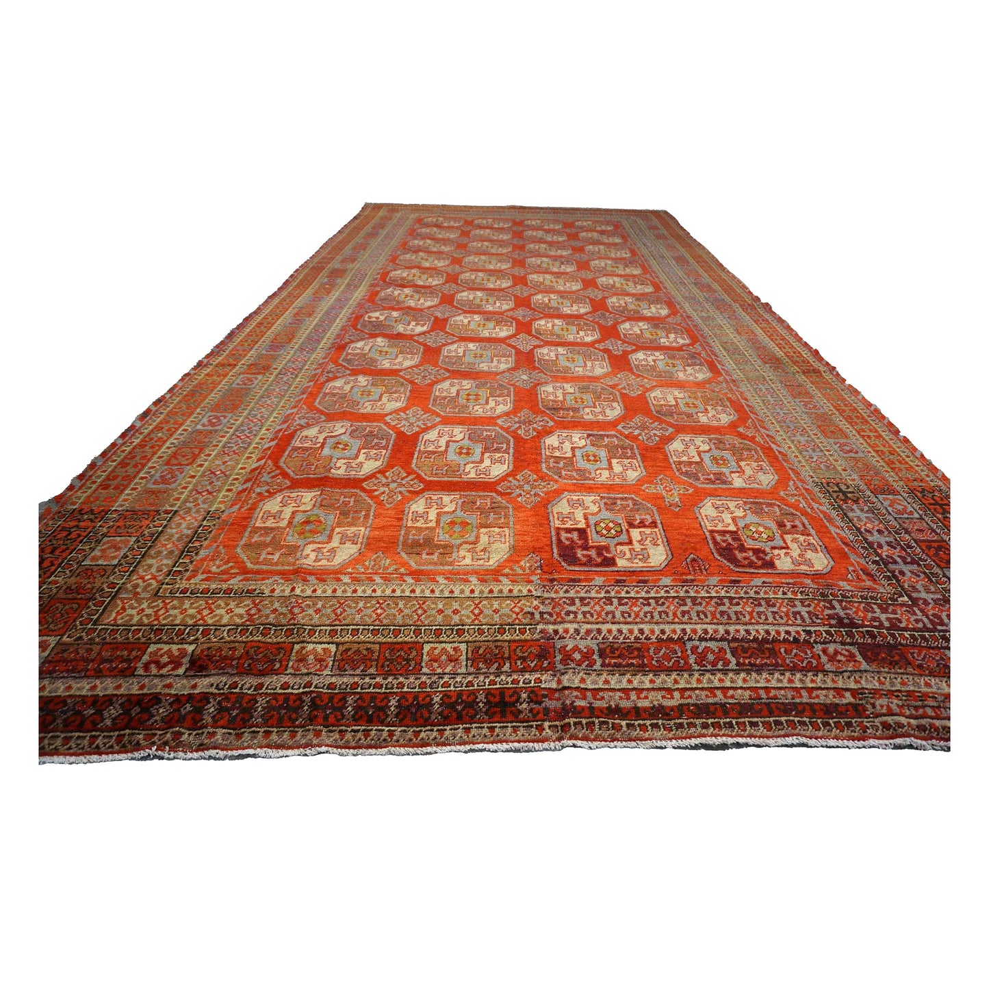 Antique East Turkestani Khotan Wool 9x18 Red, Ivory & Light Blue Handmade Gallery Rug #9902480