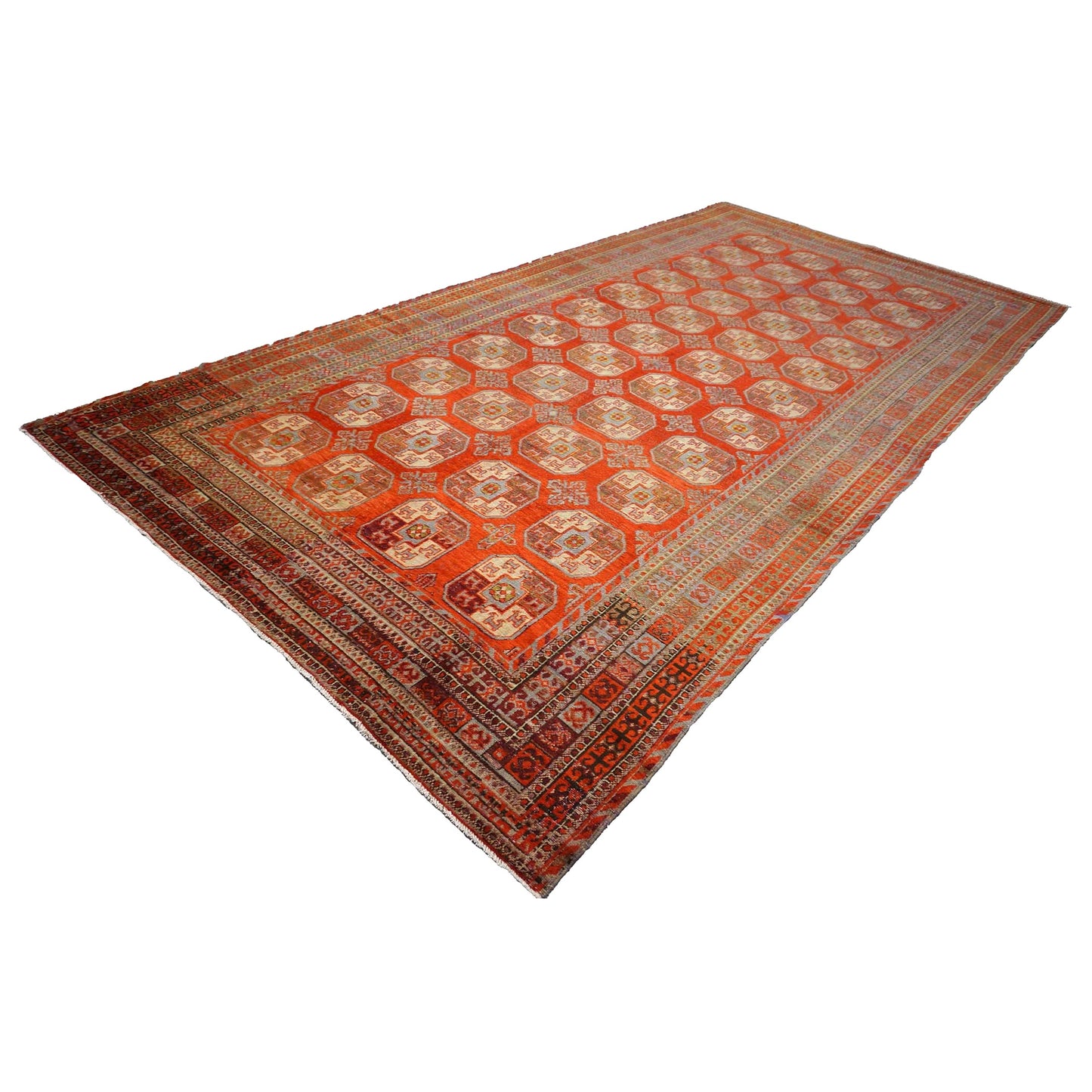 Antique East Turkestani Khotan Wool 9x18 Red, Ivory & Light Blue Handmade Gallery Rug #9902480