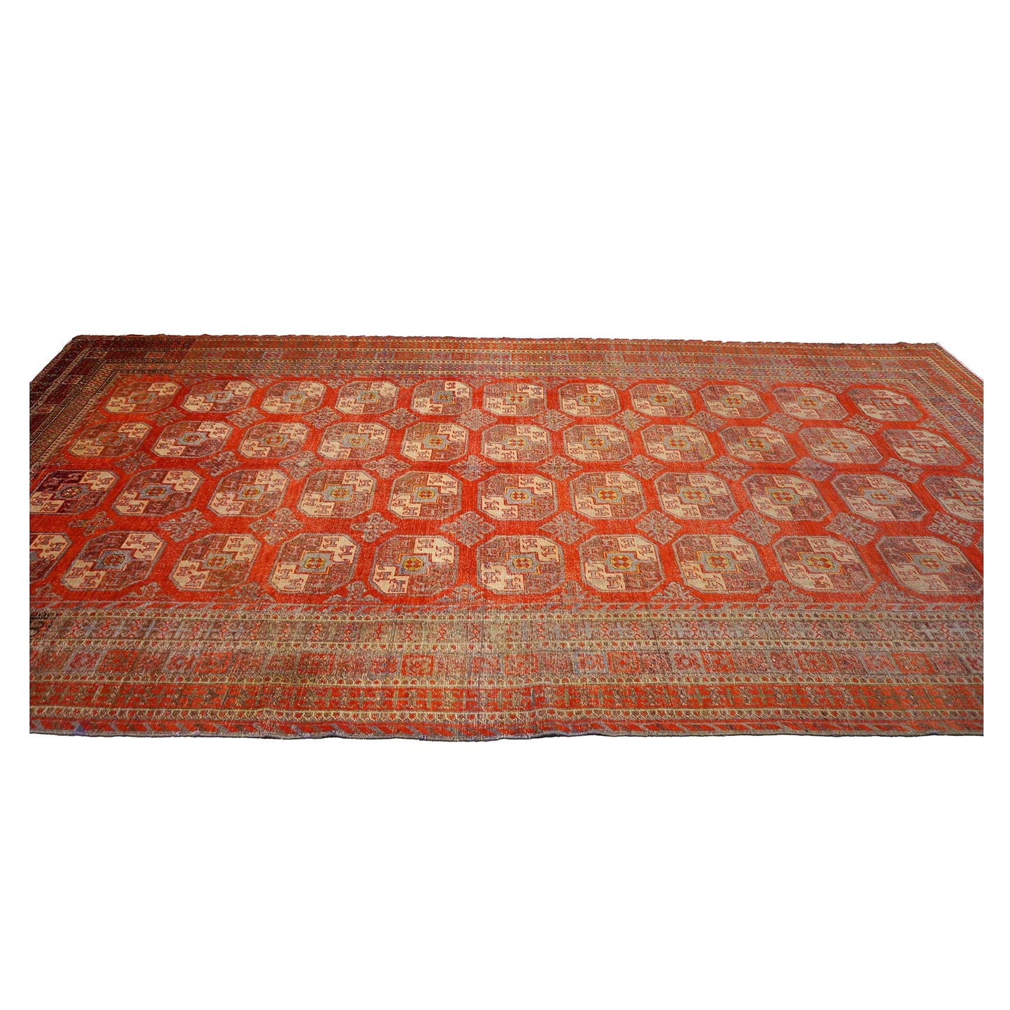 Antique East Turkestani Khotan Wool 9x18 Red, Ivory & Light Blue Handmade Gallery Rug #9902480