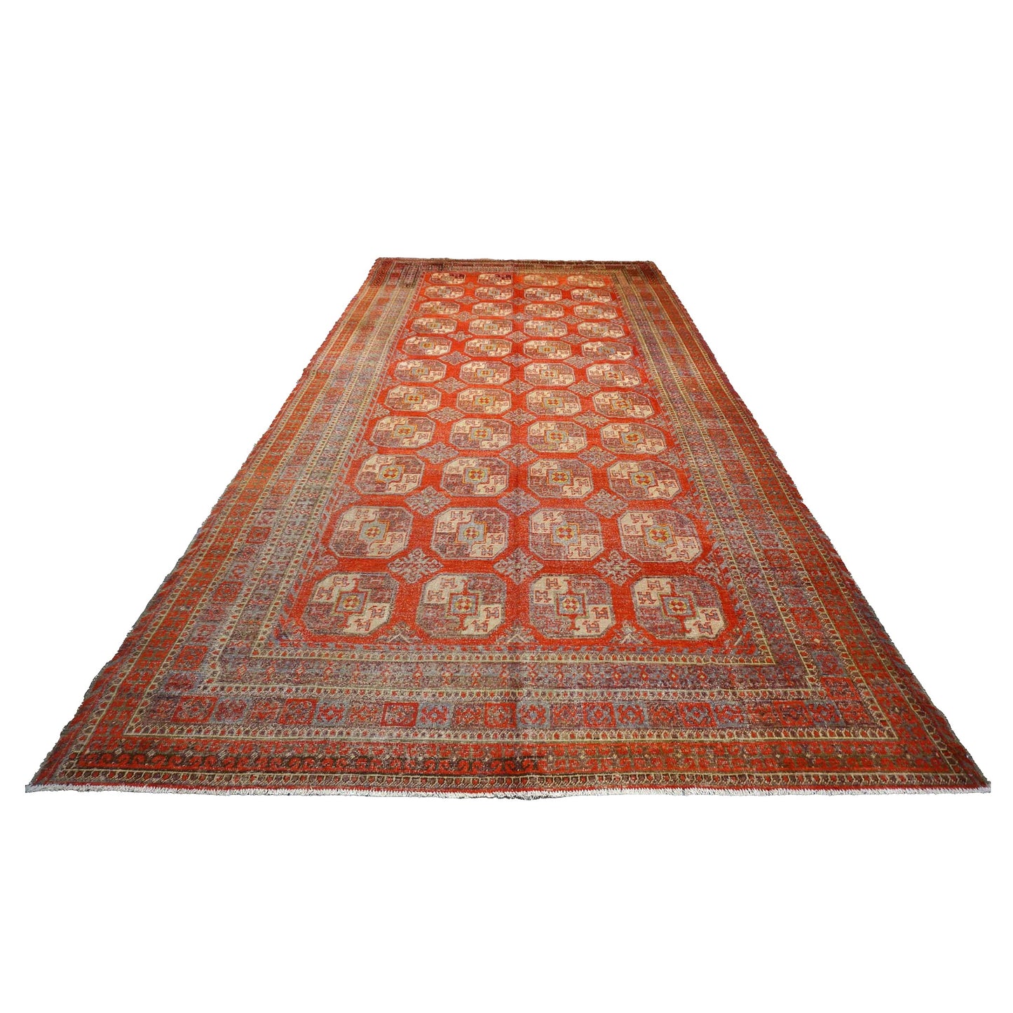 Antique East Turkestani Khotan Wool 9x18 Red, Ivory & Light Blue Handmade Gallery Rug #9902480