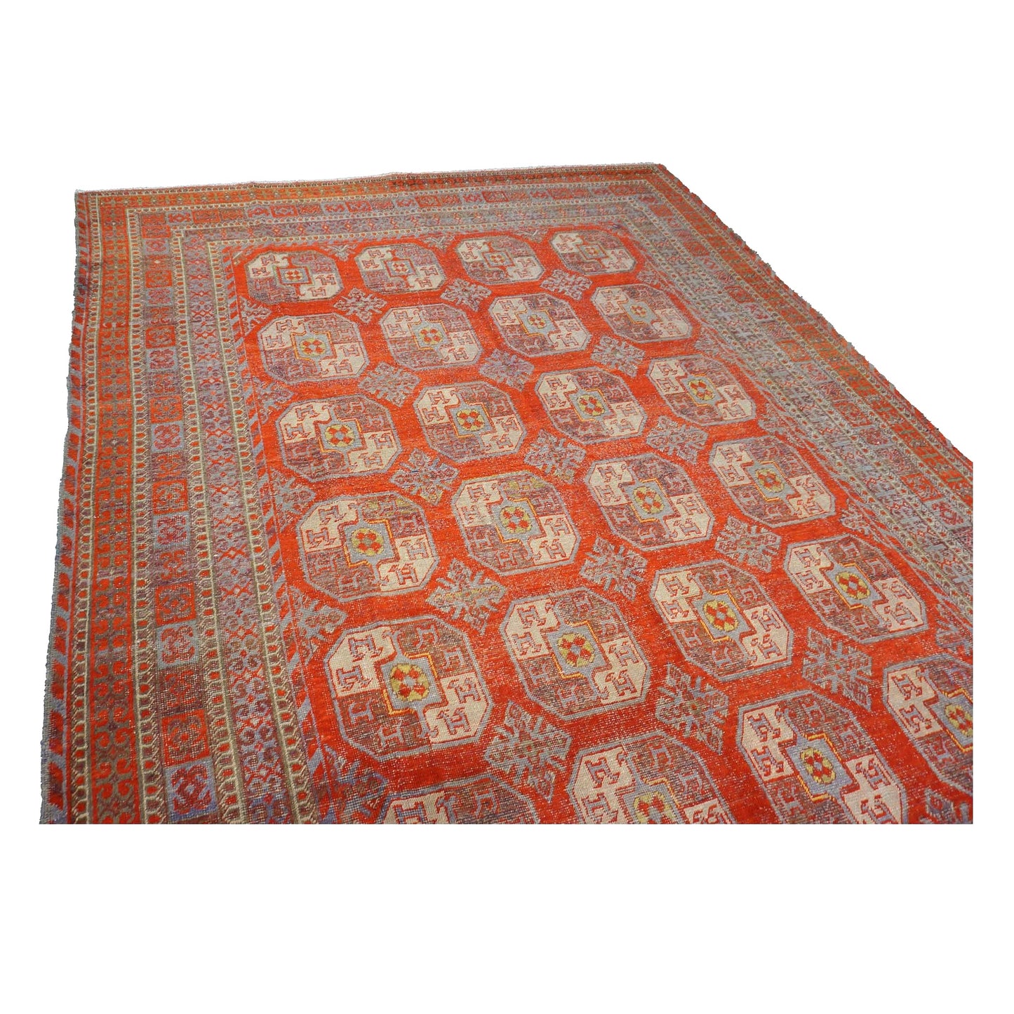 Antique East Turkestani Khotan Wool 9x18 Red, Ivory & Light Blue Handmade Gallery Rug #9902480