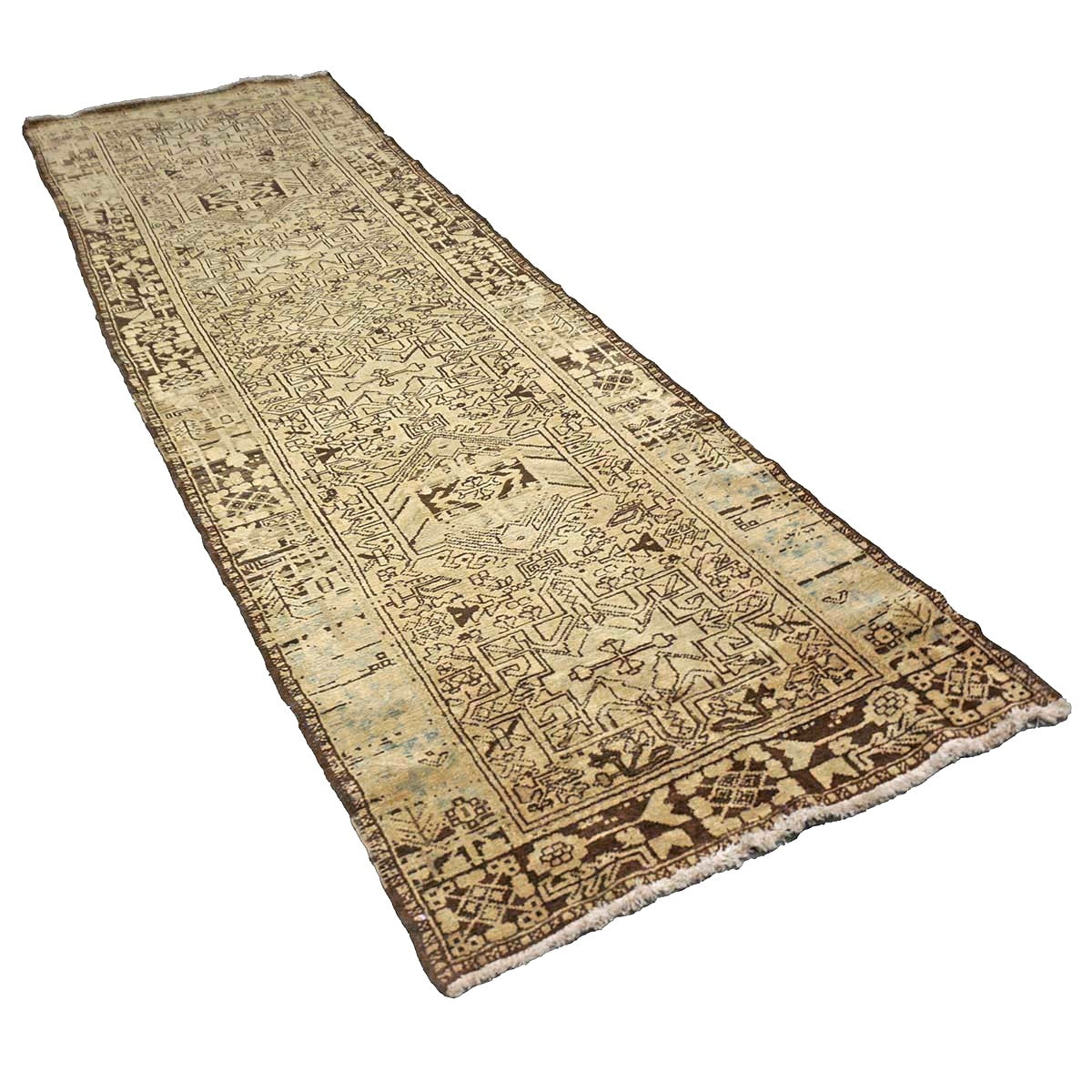 Antique Persian Karajeh Wool 3x10 Tan & Brown Handmade Runner Rug # 9902485