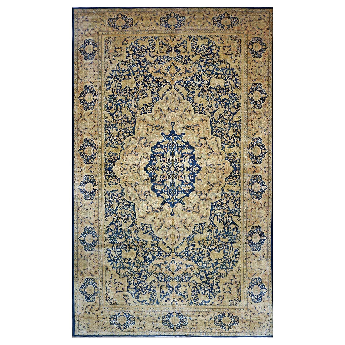 Antique Indian Agra Wool 12x20 Blue, Tan & Ivory Handmade Oversized Area Rug #9902487