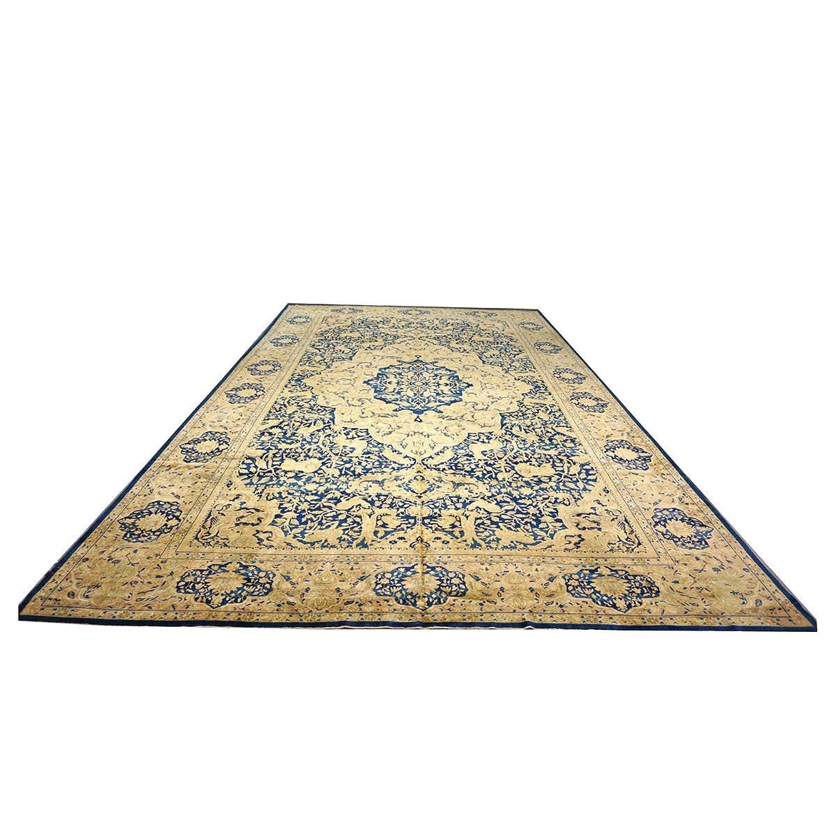 Antique Indian Agra Wool 12x20 Blue, Tan & Ivory Handmade Oversized Area Rug #9902487