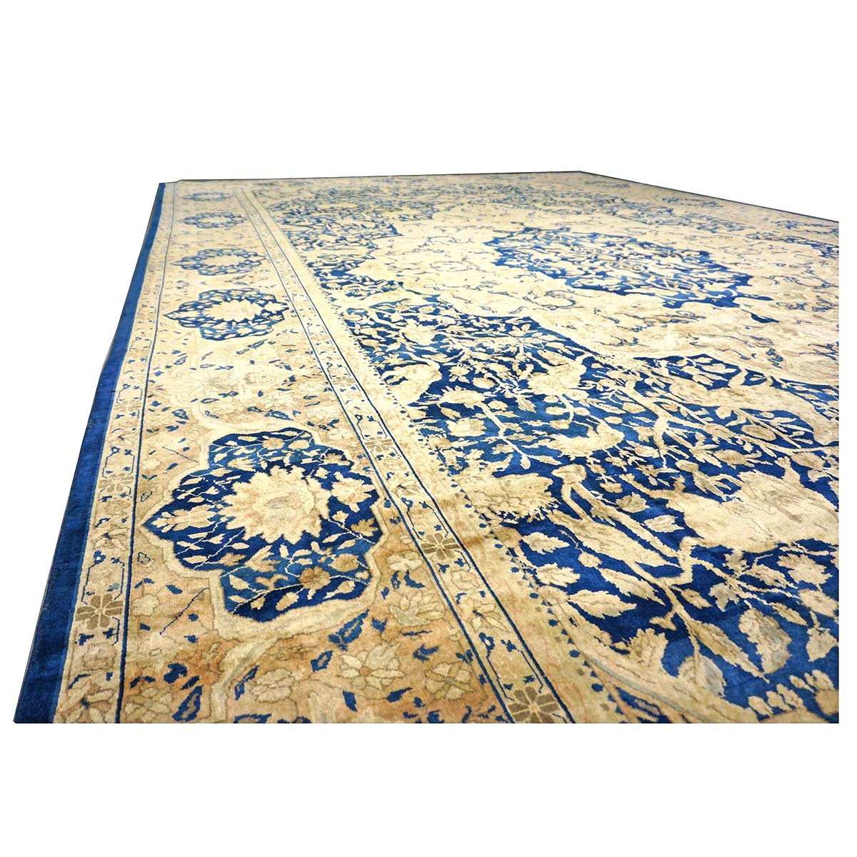 Antique Indian Agra Wool 12x20 Blue, Tan & Ivory Handmade Oversized Area Rug #9902487