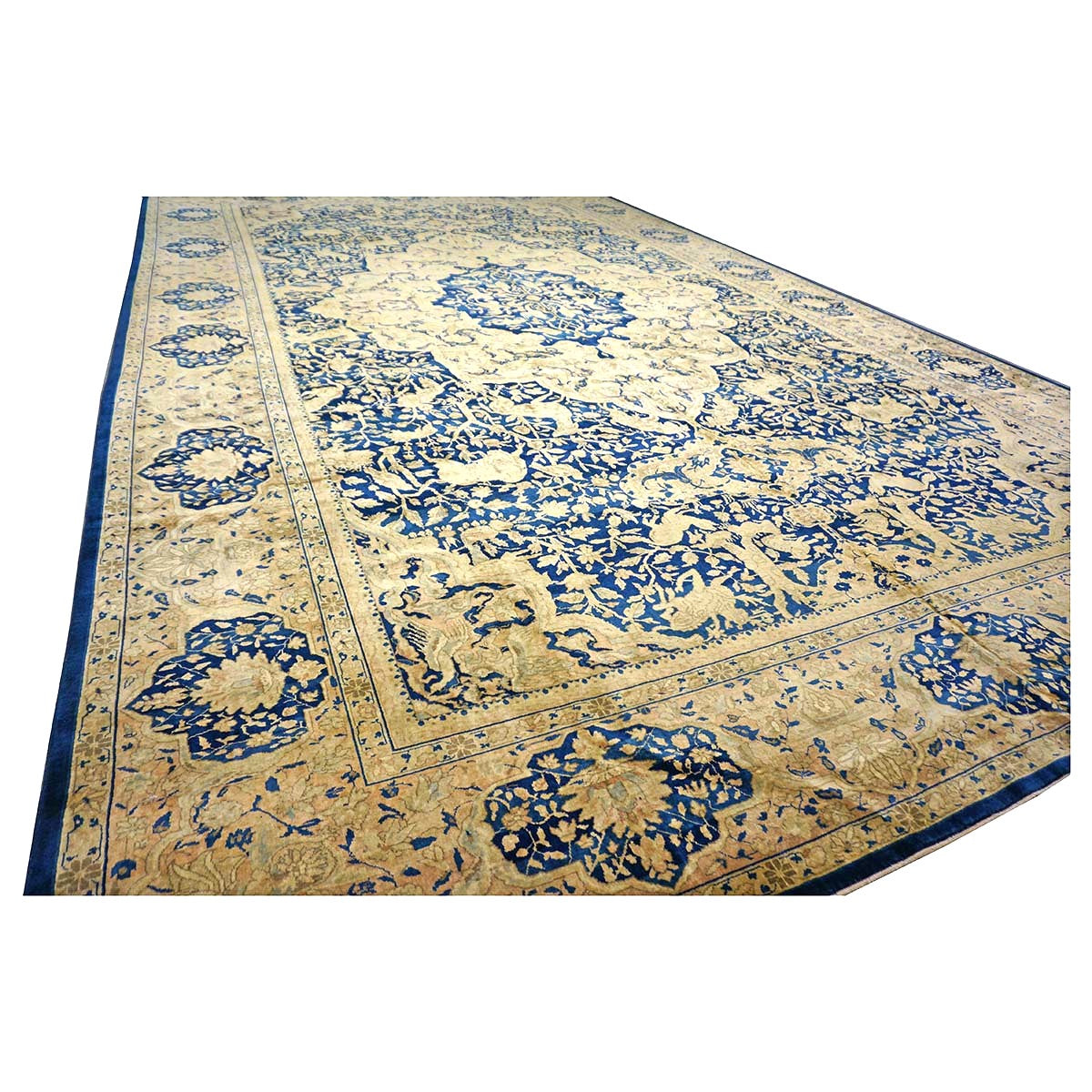 Antique Indian Agra Wool 12x20 Blue, Tan & Ivory Handmade Oversized Area Rug #9902487