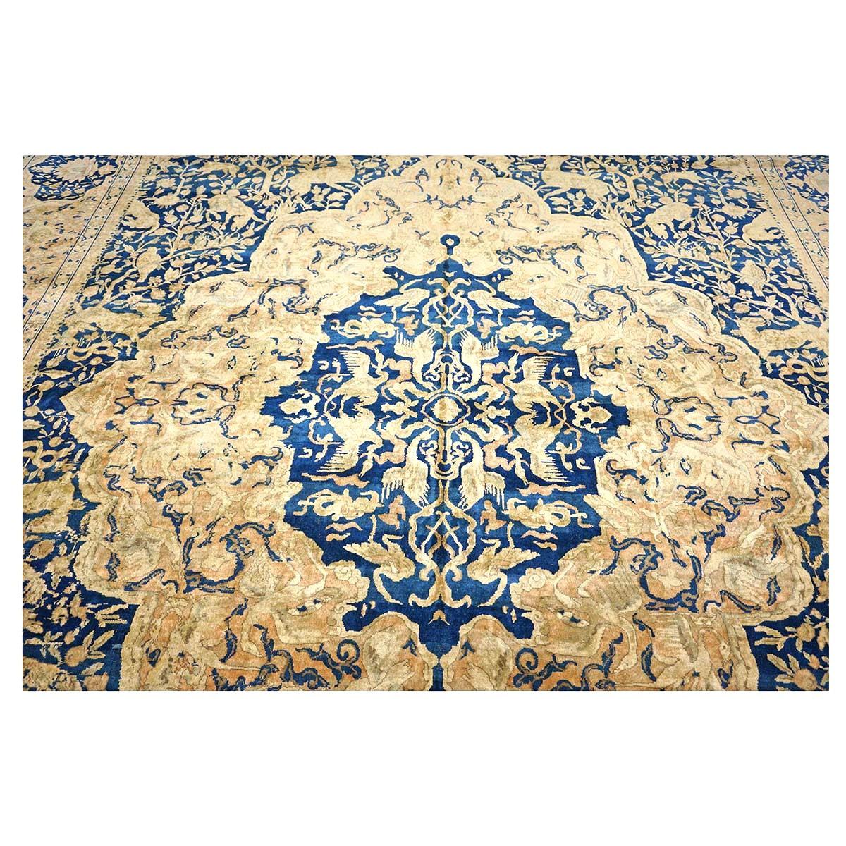 Antique Indian Agra Wool 12x20 Blue, Tan & Ivory Handmade Oversized Area Rug #9902487