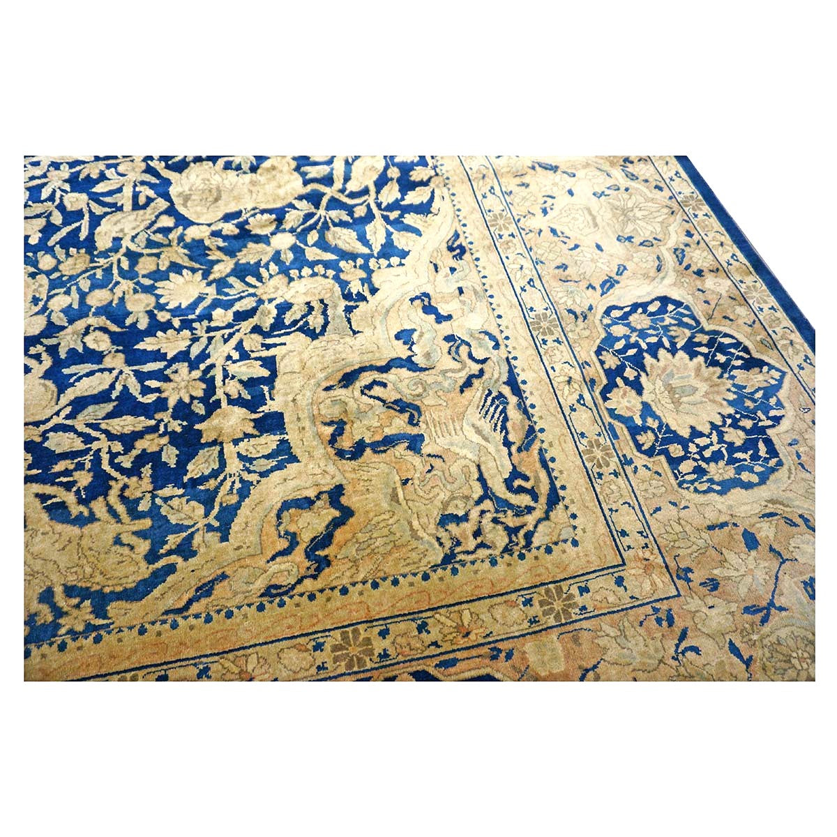 Antique Indian Agra Wool 12x20 Blue, Tan & Ivory Handmade Oversized Area Rug #9902487