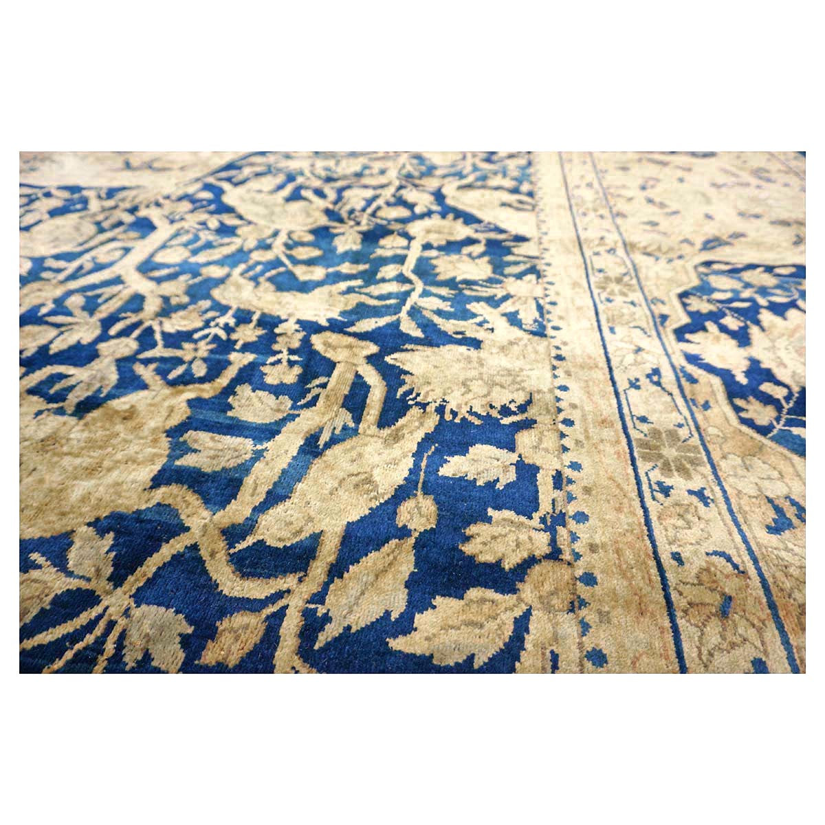 Antique Indian Agra Wool 12x20 Blue, Tan & Ivory Handmade Oversized Area Rug #9902487