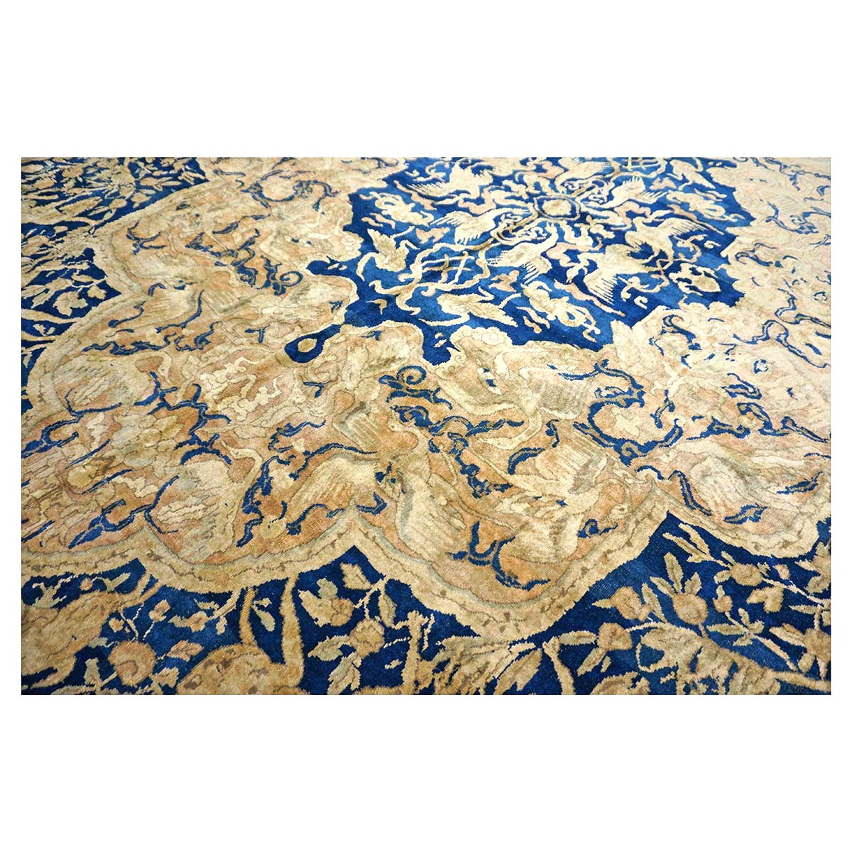 Antique Indian Agra Wool 12x20 Blue, Tan & Ivory Handmade Oversized Area Rug #9902487