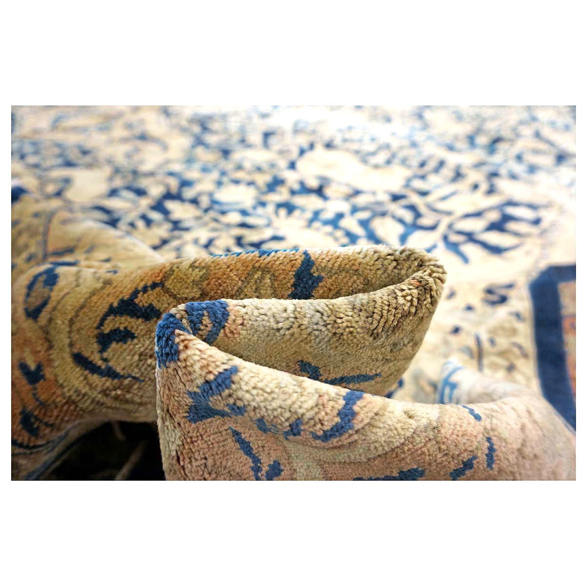 Antique Indian Agra Wool 12x20 Blue, Tan & Ivory Handmade Oversized Area Rug #9902487