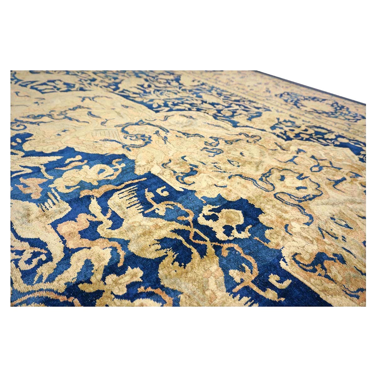 Antique Indian Agra Wool 12x20 Blue, Tan & Ivory Handmade Oversized Area Rug #9902487