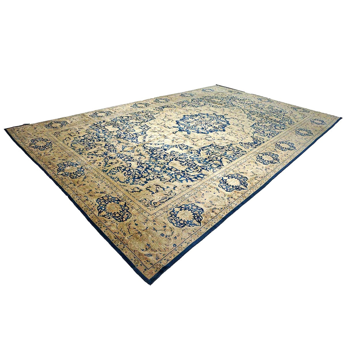 Antique Indian Agra Wool 12x20 Blue, Tan & Ivory Handmade Oversized Area Rug #9902487