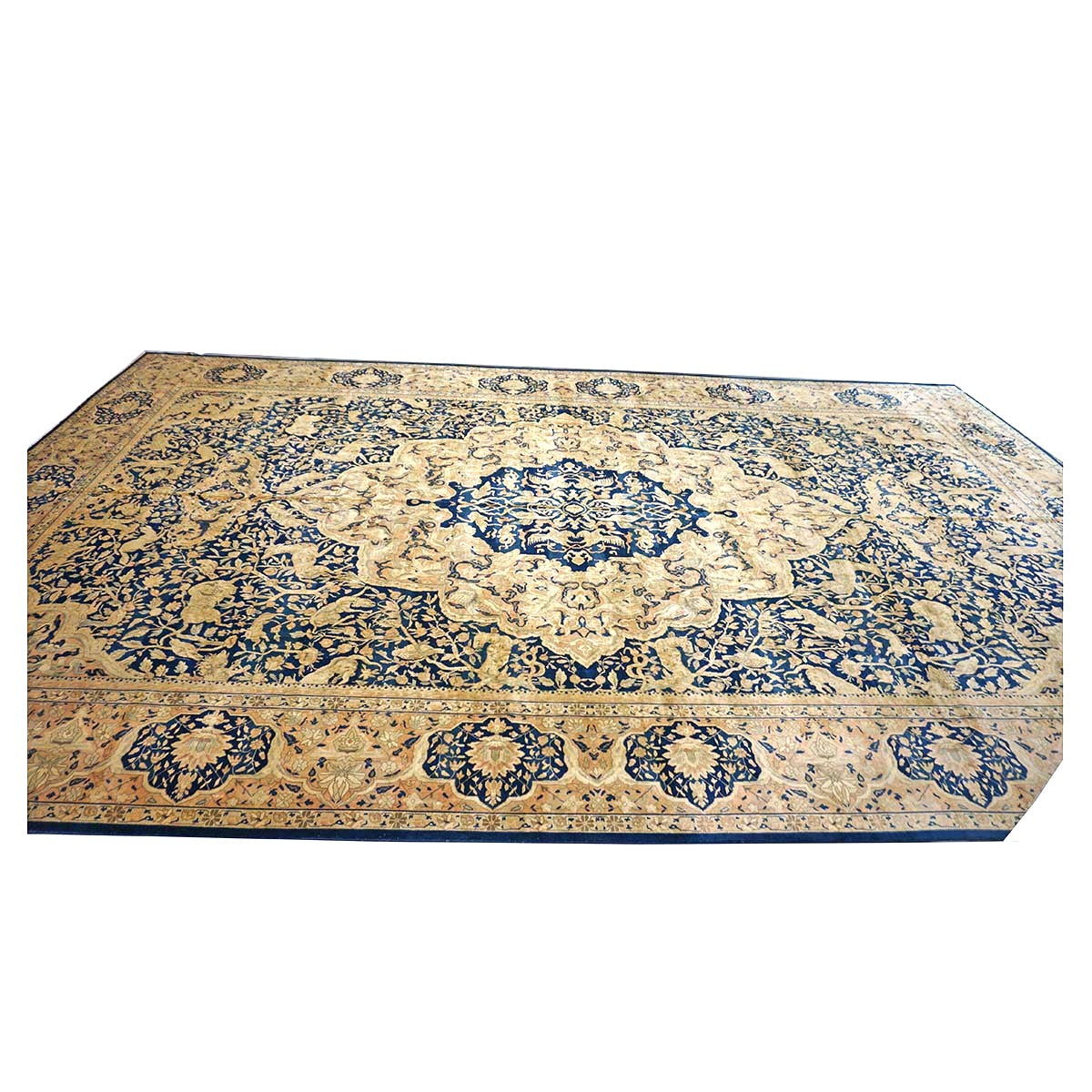 Antique Indian Agra Wool 12x20 Blue, Tan & Ivory Handmade Oversized Area Rug #9902487