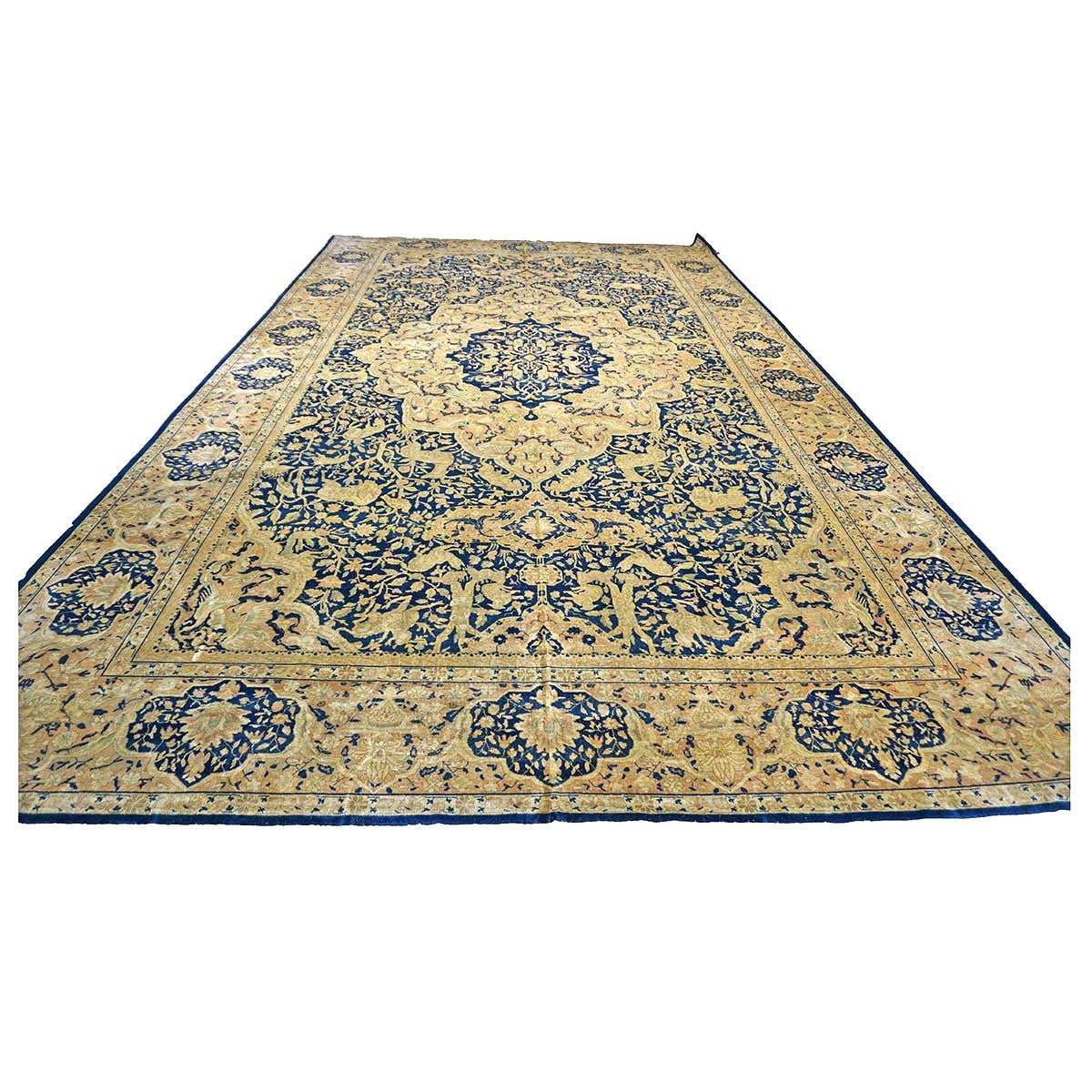 Antique Indian Agra Wool 12x20 Blue, Tan & Ivory Handmade Oversized Area Rug #9902487