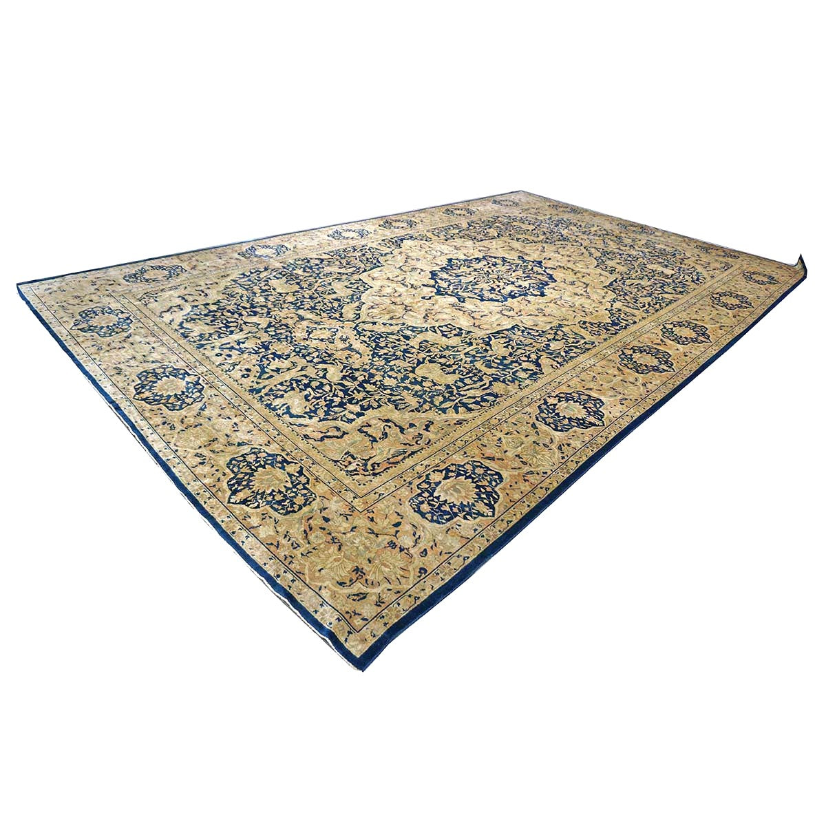 Antique Indian Agra Wool 12x20 Blue, Tan & Ivory Handmade Oversized Area Rug #9902487