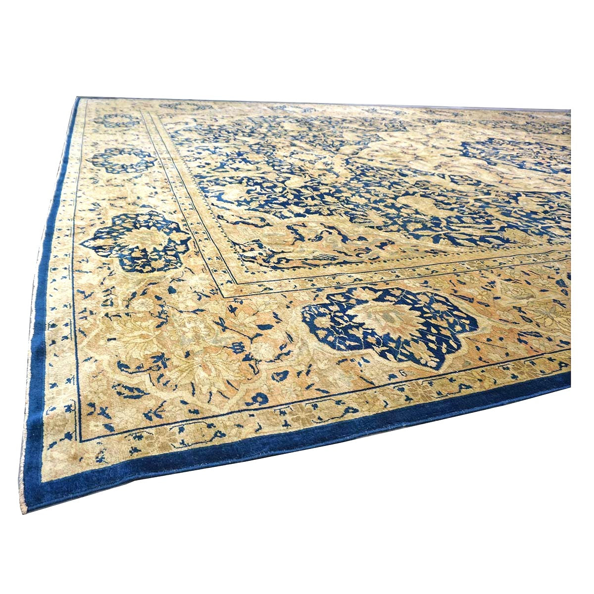 Antique Indian Agra Wool 12x20 Blue, Tan & Ivory Handmade Oversized Area Rug #9902487
