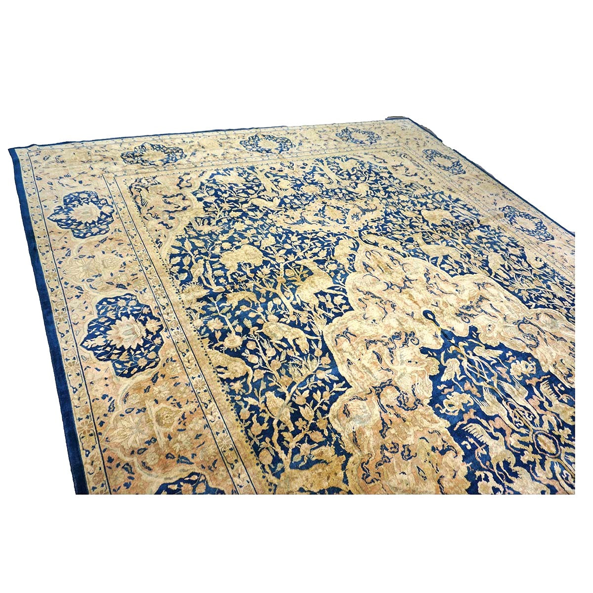 Antique Indian Agra Wool 12x20 Blue, Tan & Ivory Handmade Oversized Area Rug #9902487