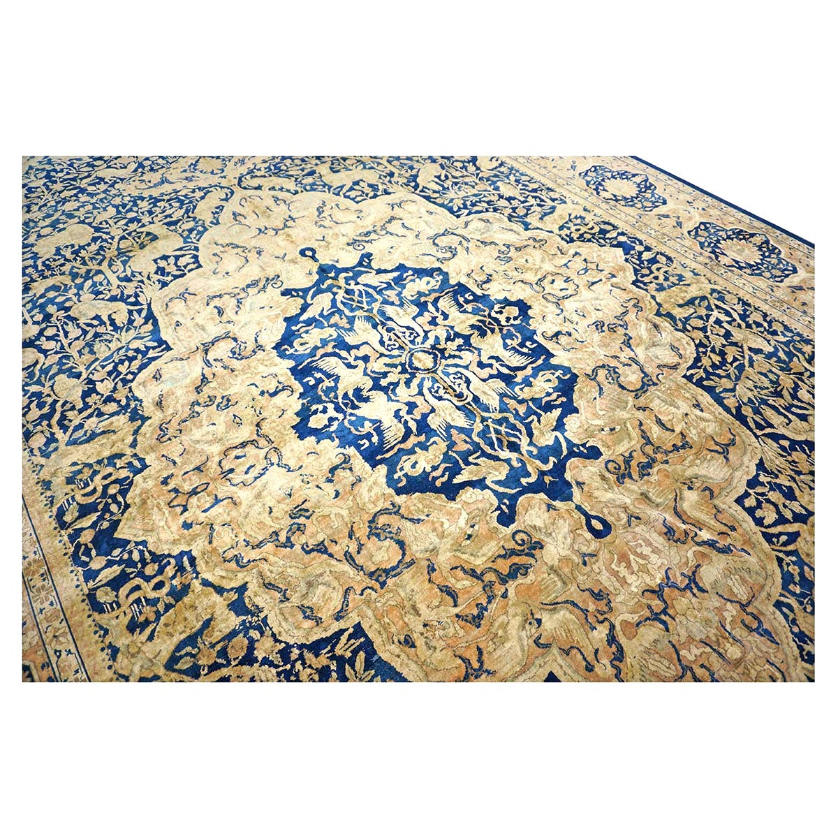Antique Indian Agra Wool 12x20 Blue, Tan & Ivory Handmade Oversized Area Rug #9902487
