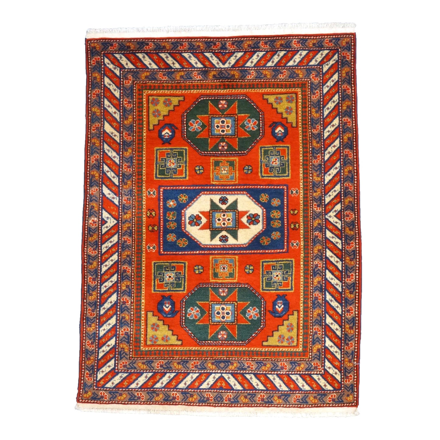 Antique Azarbijiani Kazak Wool 4x5 Orange & Navy Handmade Area Rug #9902490