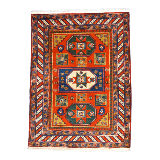 Antique Azarbijiani Kazak Wool 4x5 Orange & Navy Handmade Area Rug #9902490