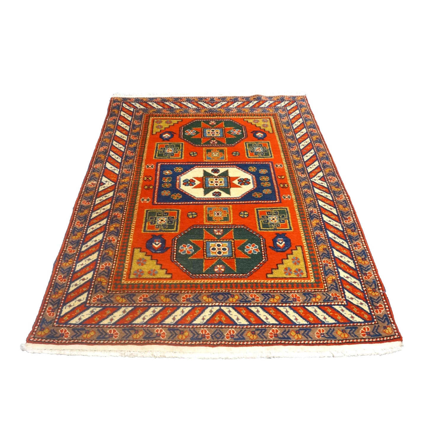 Antique Azarbijiani Kazak Wool 4x5 Orange & Navy Handmade Area Rug #9902490