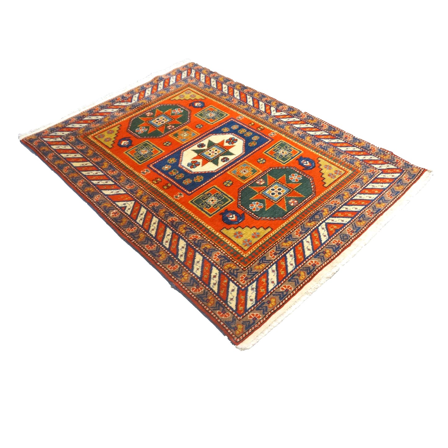 Antique Azarbijiani Kazak Wool 4x5 Orange & Navy Handmade Area Rug #9902490