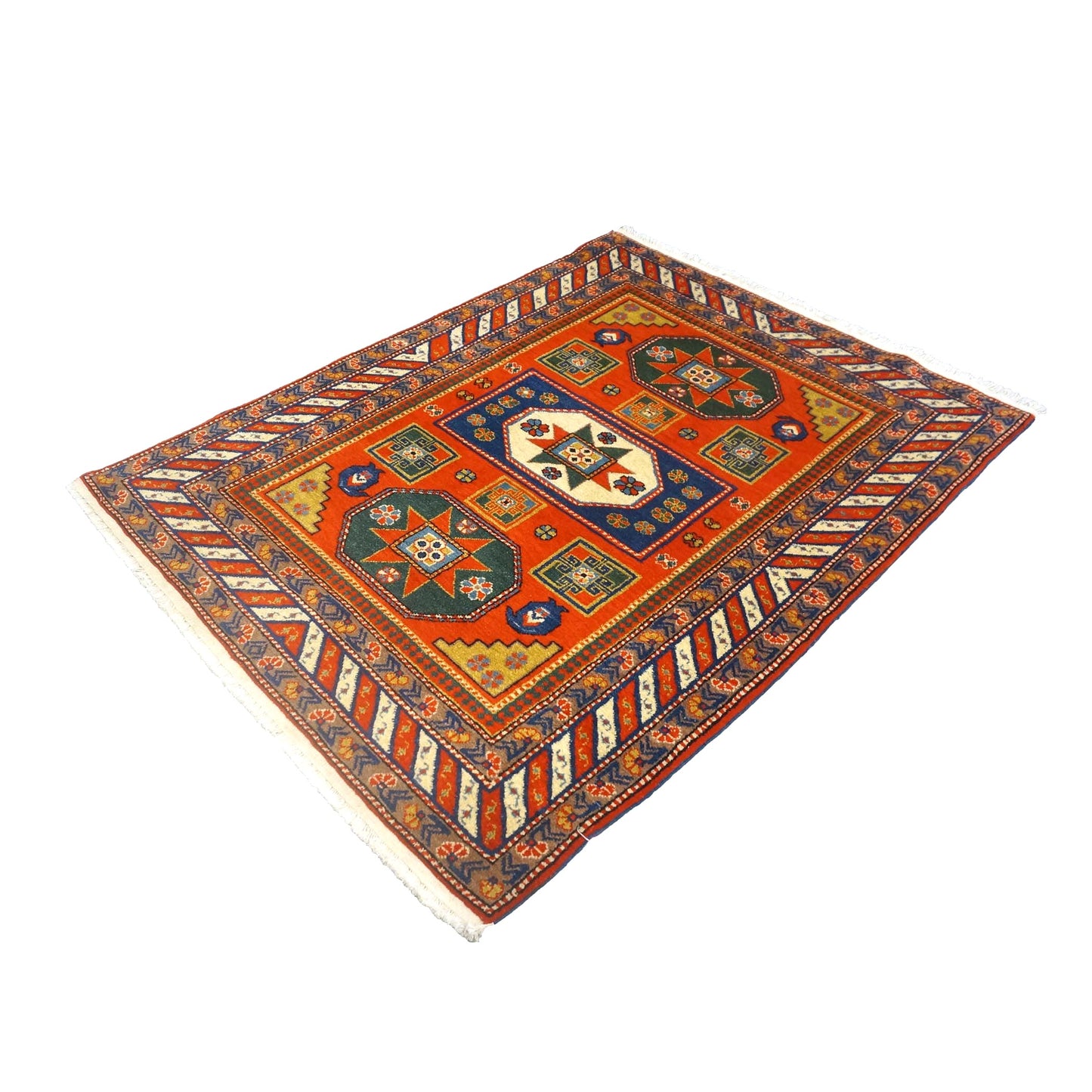 Antique Azarbijiani Kazak Wool 4x5 Orange & Navy Handmade Area Rug #9902490
