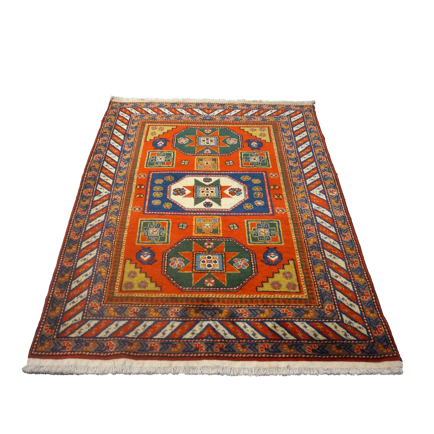 Antique Azarbijiani Kazak Wool 4x5 Orange & Navy Handmade Area Rug #9902490