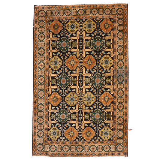 Antique Persian Tabriz Wool 3x5 Navy, Orange & Green Handmade Area Rug #9902501