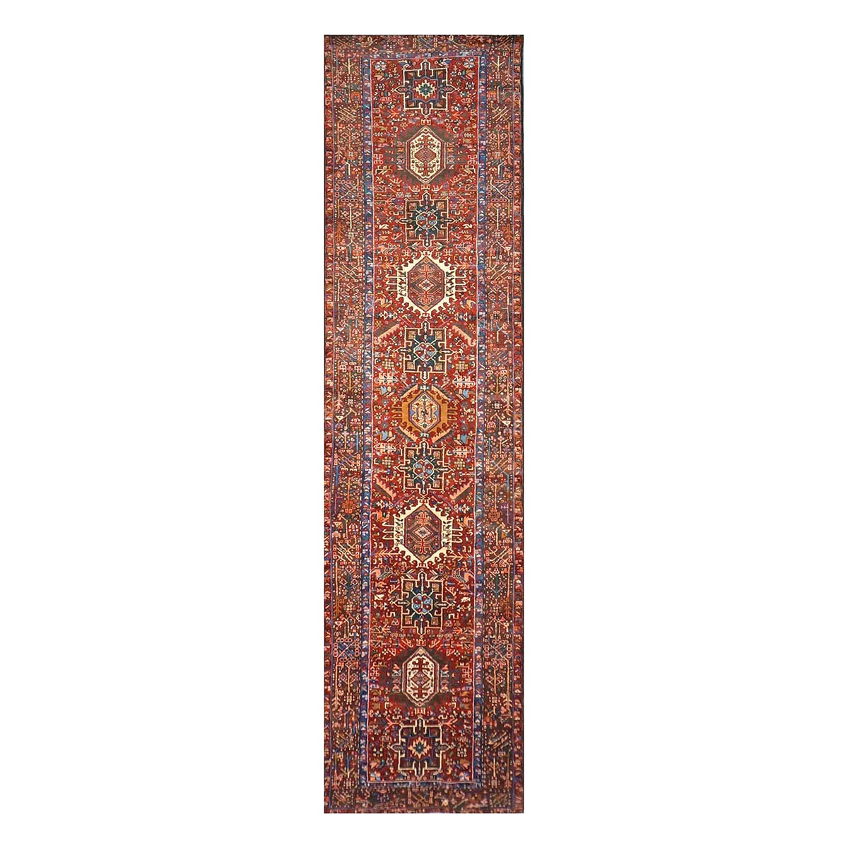 Vintage Persian Karajeh Wool 3x13 Red, Ivory & Charcoal Handmade Runner Rug #9902516