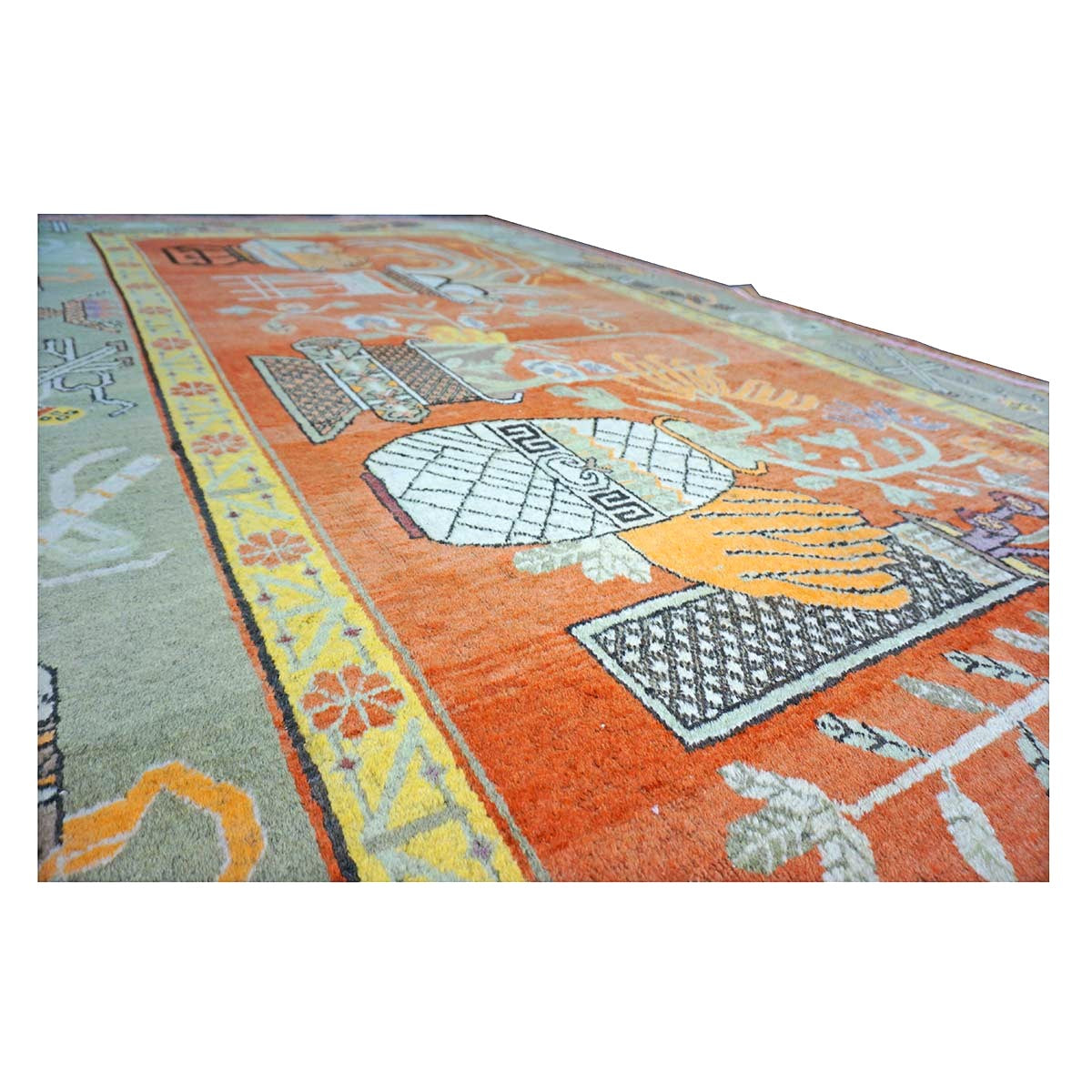 Vintage East Turkestani Khotan Wool 7x13 Brick, Olive & Ivory Handmade Gallery Rug #9902520