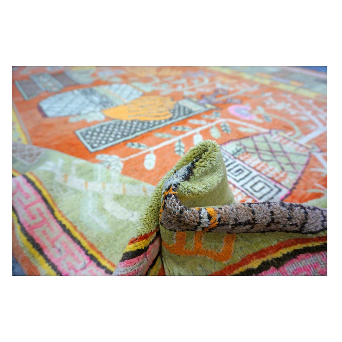 Vintage East Turkestani Khotan Wool 7x13 Brick, Olive & Ivory Handmade Gallery Rug #9902520
