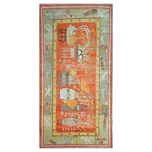 Vintage East Turkestani Khotan Wool 7x13 Brick, Olive & Ivory Handmade Gallery Rug #9902520