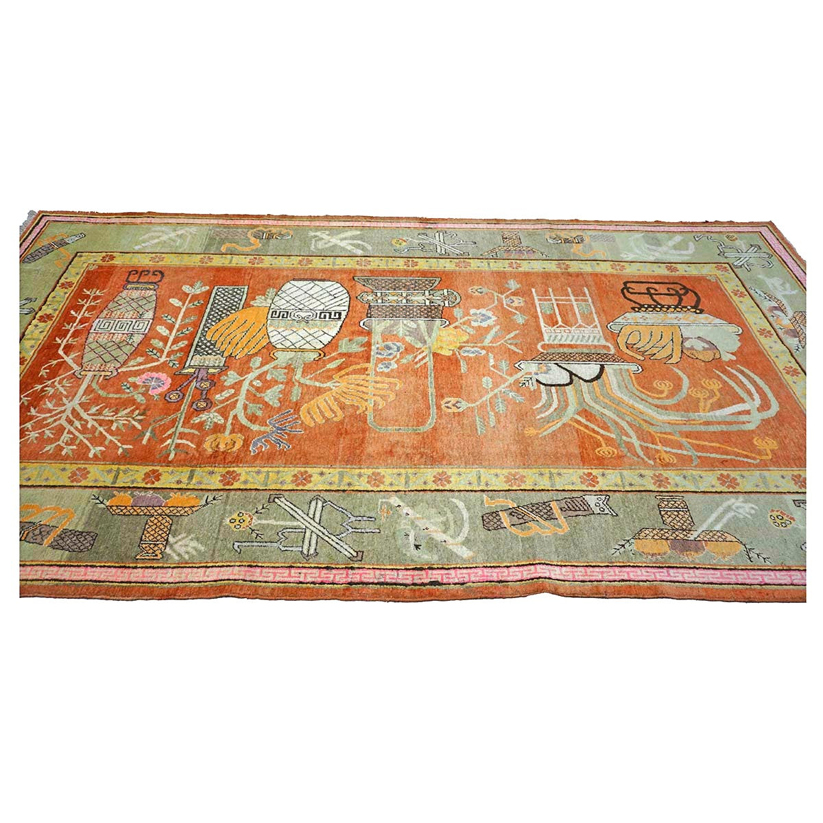 Vintage East Turkestani Khotan Wool 7x13 Brick, Olive & Ivory Handmade Gallery Rug #9902520