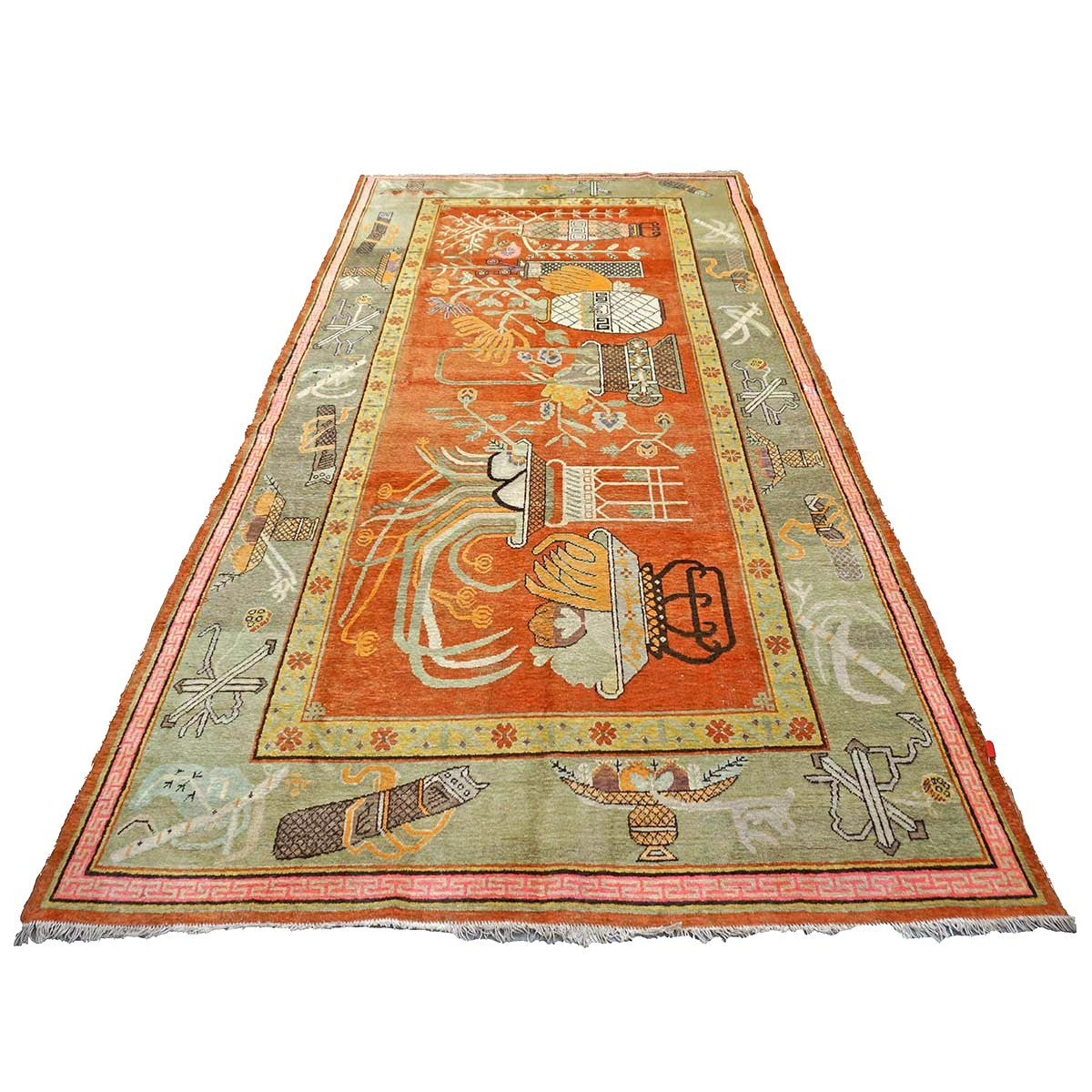 Vintage East Turkestani Khotan Wool 7x13 Brick, Olive & Ivory Handmade Gallery Rug #9902520