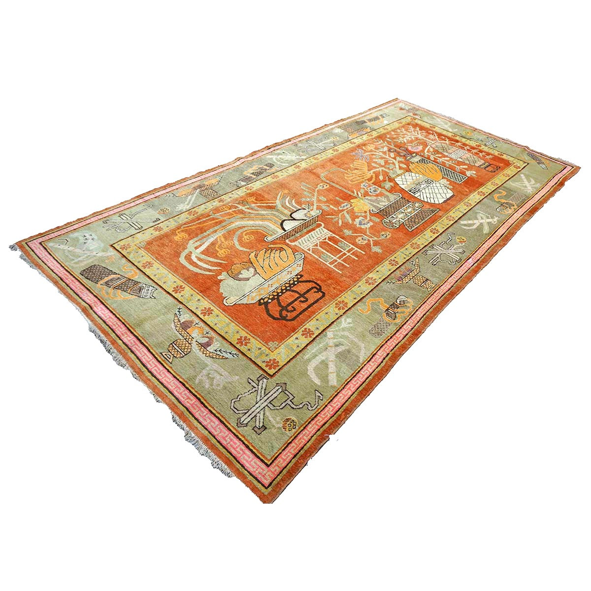 Vintage East Turkestani Khotan Wool 7x13 Brick, Olive & Ivory Handmade Gallery Rug #9902520