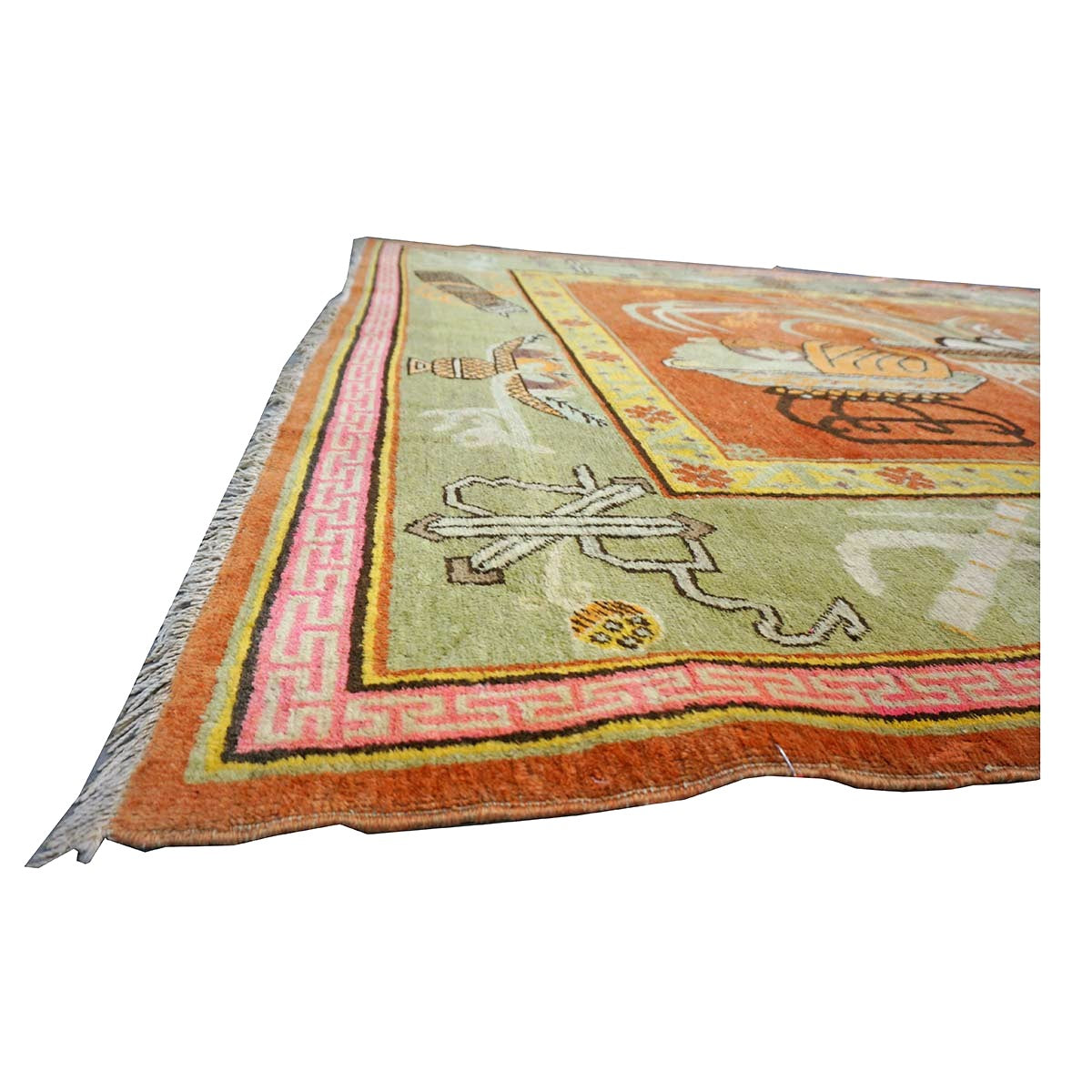 Vintage East Turkestani Khotan Wool 7x13 Brick, Olive & Ivory Handmade Gallery Rug #9902520