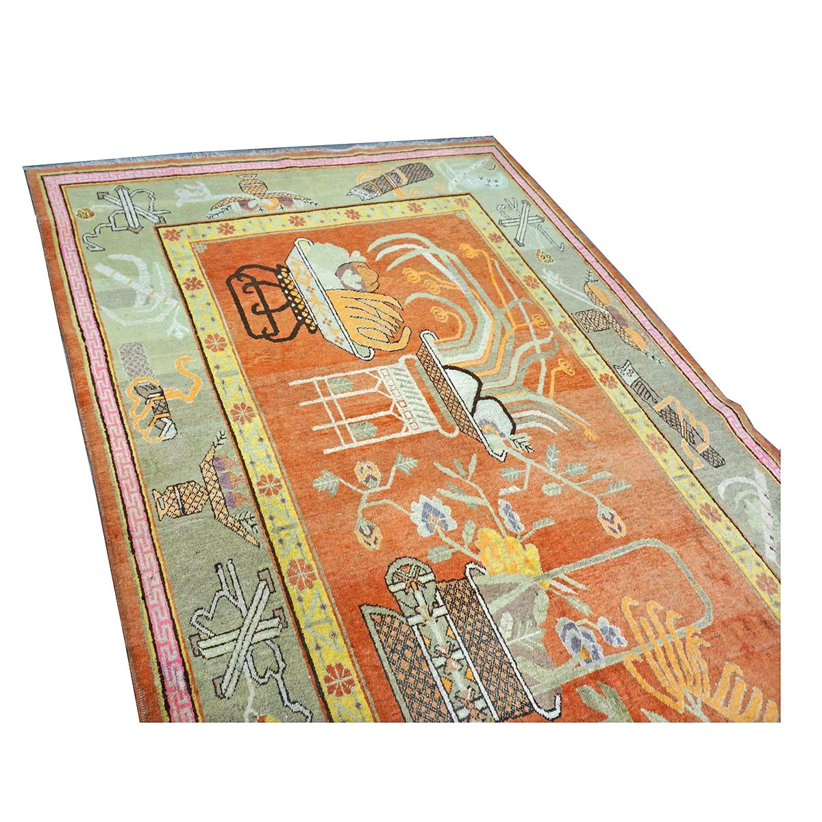 Vintage East Turkestani Khotan Wool 7x13 Brick, Olive & Ivory Handmade Gallery Rug #9902520