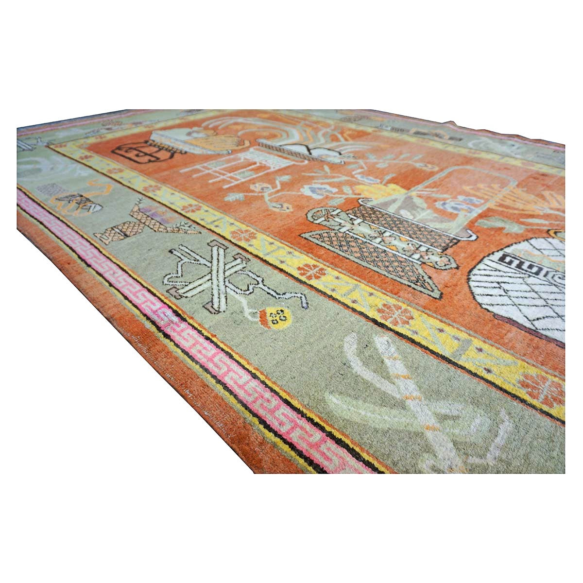 Vintage East Turkestani Khotan Wool 7x13 Brick, Olive & Ivory Handmade Gallery Rug #9902520