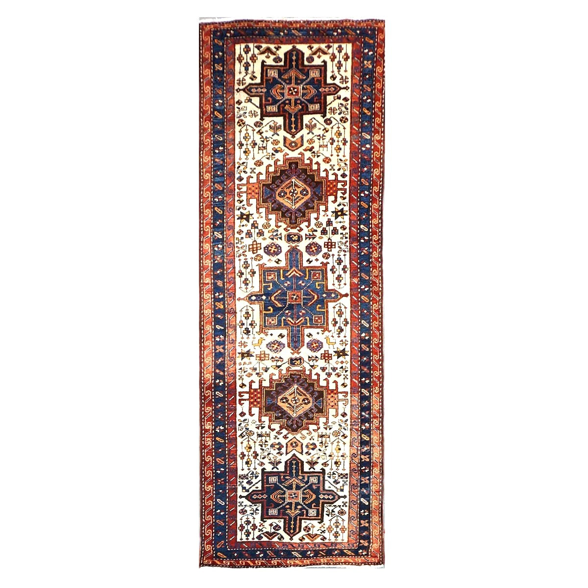 Antique Persian Karajeh Wool 4x11 Ivory, Red & Navy Handmade Gallery Rug #9902530