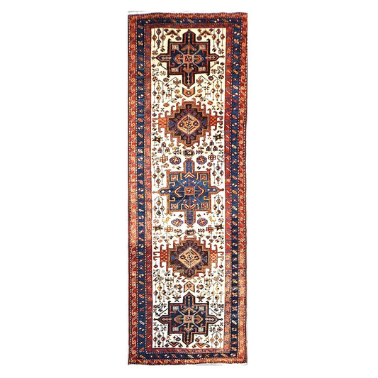 Antique Persian Karajeh Wool 4x11 Ivory, Red & Navy Handmade Gallery Rug #9902530
