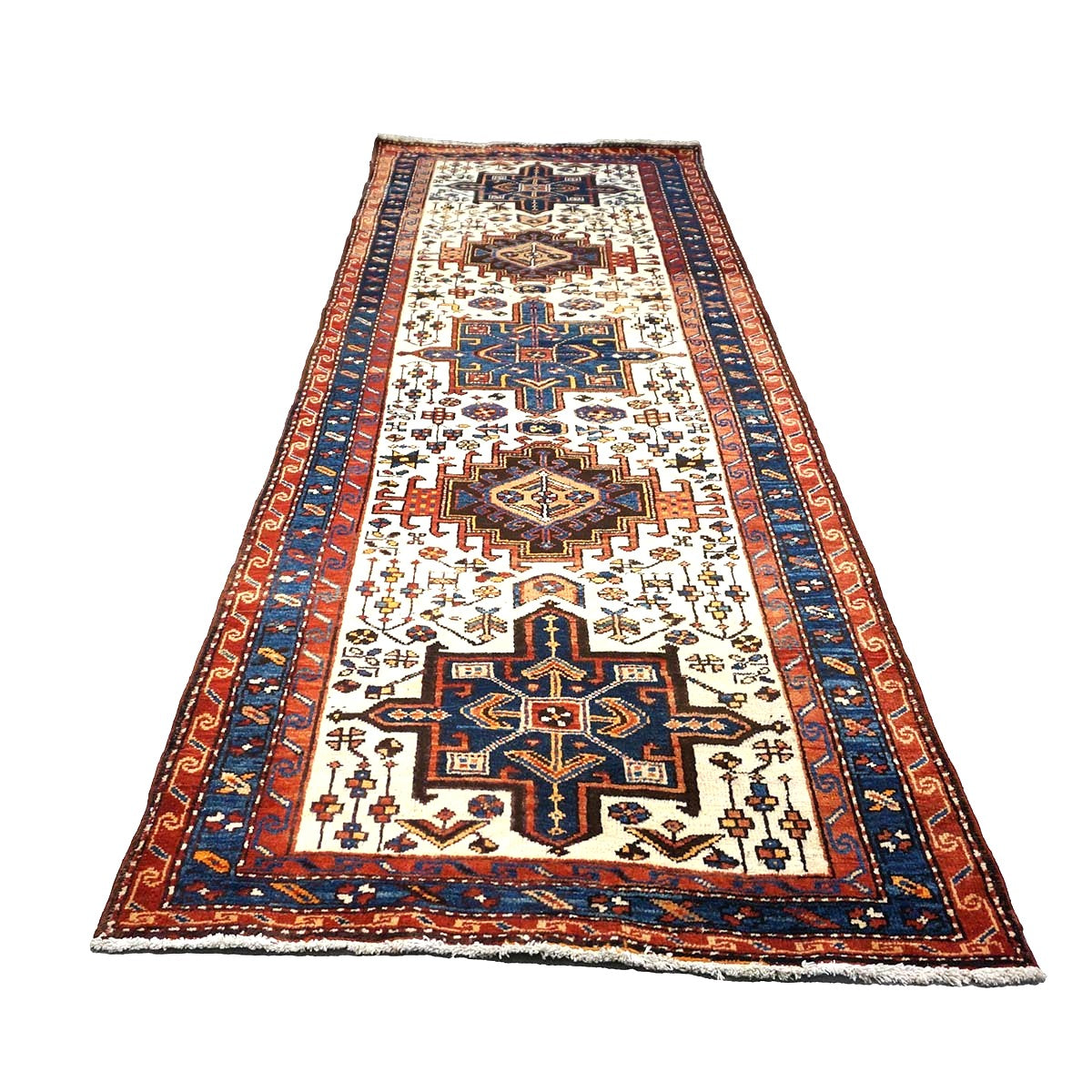 Antique Persian Karajeh Wool 4x11 Ivory, Red & Navy Handmade Gallery Rug #9902530