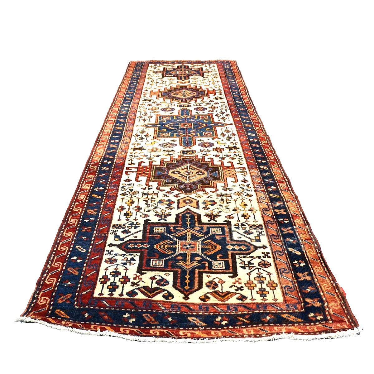 Antique Persian Karajeh Wool 4x11 Ivory, Red & Navy Handmade Gallery Rug #9902530